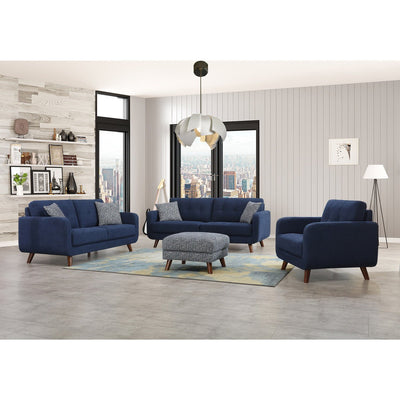 blue loveseat, chair and ottoman