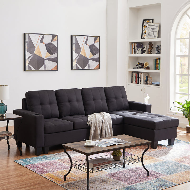 Black Fabric Reversible Sectional w/ Cup Holders
