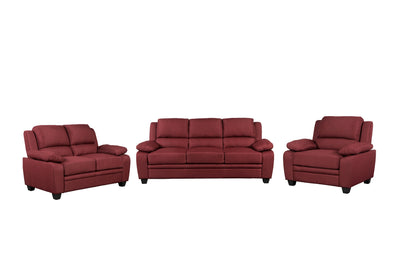 Red Fabric Sofa Set With High Back And Pillows Over The Arms