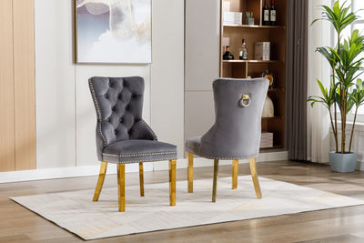 Chaises de salle à manger Royale en velours gris avec accents dorés - Ensemble de 2