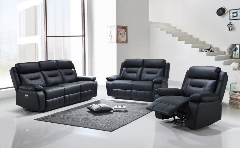 3-Piece Power Recliner Sofa Set – Black Leather with USB Ports