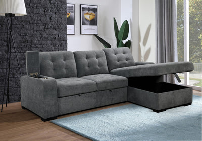VersaSleeper Sectional: Grey Tufted Convertible with Multi-Storage & Chrome Cup Holders