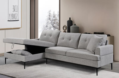 VersaChaise: Grey Tufted Sectional with Storage & Black Metal Legs + Accent Pillows
