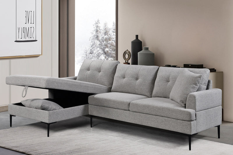 VersaChaise: Grey Tufted Sectional with Storage & Black Metal Legs + Accent Pillows