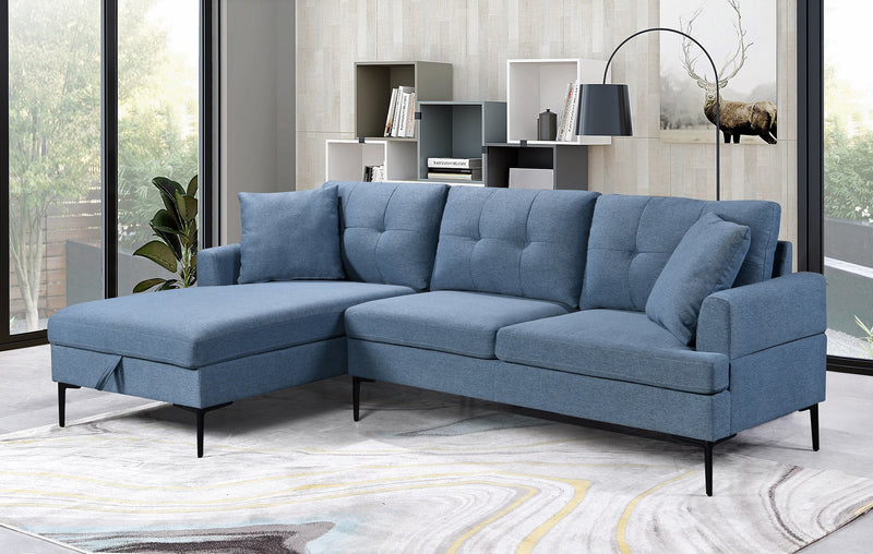 VersaChaise: Blue Tufted Sectional with Storage & Black Metal Legs + Accent Pillows