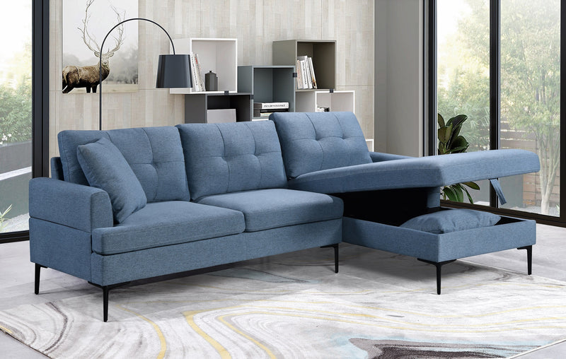 VersaChaise: Blue Tufted Sectional with Storage & Black Metal Legs + Accent Pillows