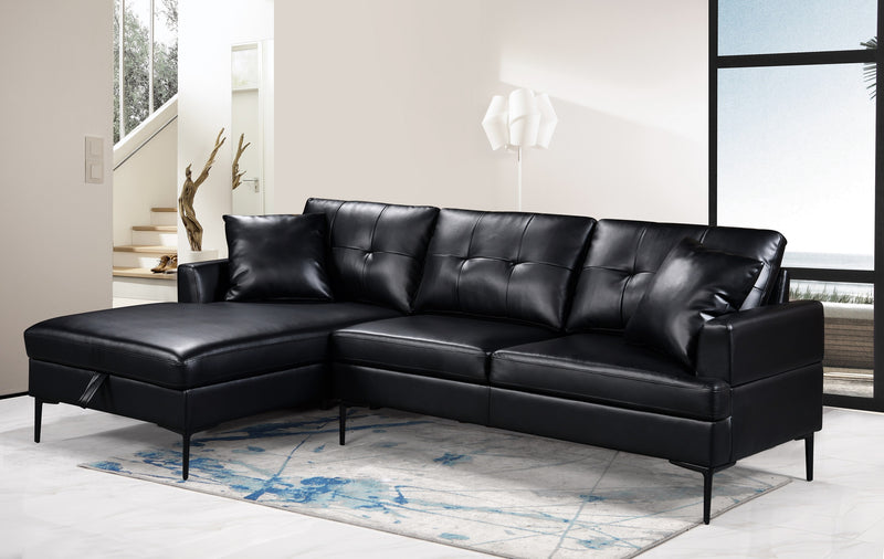 VersaChaise: Black PU Tufted Sectional with Storage & Black Metal Legs + Accent Pillows