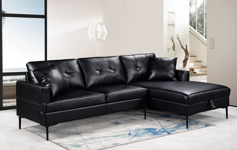 VersaChaise: Black PU Tufted Sectional with Storage & Black Metal Legs + Accent Pillows