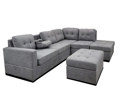 Grey Fabric RHF Chaise Sectional | Storage | Cupholders | USB / Power Outlet