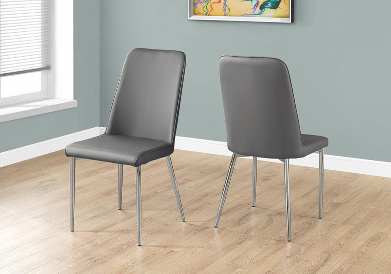 Set of 2 Grey Leather Look Dining Chairs - Contemporary Chrome Metal Design