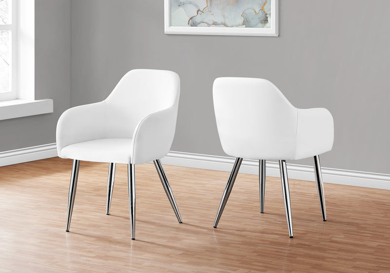 Set of 2 White Leather Look Dining Chairs - Contemporary Chrome Metal Legs