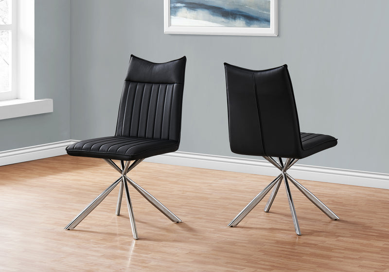 Set of 2 Black Leather Look Dining Chairs - Modern Chrome Metal Frame