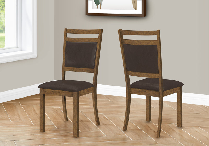 Dining Chair, Set Of 2, Side, Upholstered, Kitchen, Dining Room, Brown Leather Look, Walnut Wood Legs, Transitional