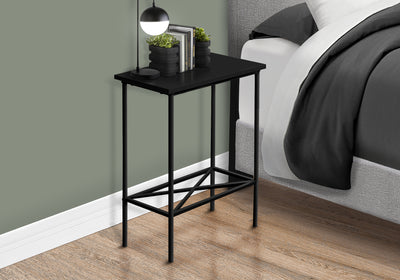 Table d'appoint, d'appoint, d'extrémité, étroite, petite, à 2 niveaux, salon, chambre à coucher, stratifié noir, métal noir, contemporain, moderne