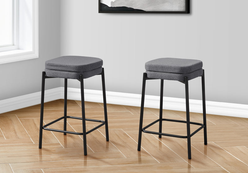 Set of 2 Grey Fabric Barstools - Contemporary Black Metal Counter Height Kitchen Chairs