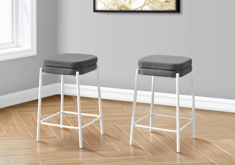 Set of 2 Grey Fabric Barstools - Contemporary White Metal Kitchen Counter Height Seating