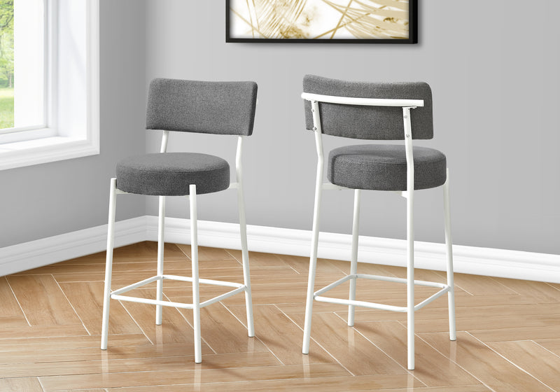 Tabouret de bar, hauteur comptoir, lot de 2, cuisine, tissu gris, métal blanc, contemporain, moderne