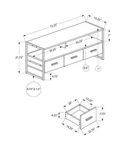 Meuble TV, 72 pouces, centre de divertissement multimédia, tiroirs de rangement, stratifié noir, métal noir, contemporain, moderne