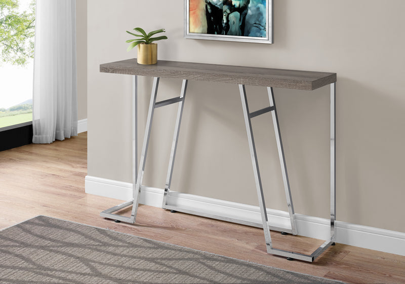 Contemporary Brown Laminate Console Table with Chrome Metal Base