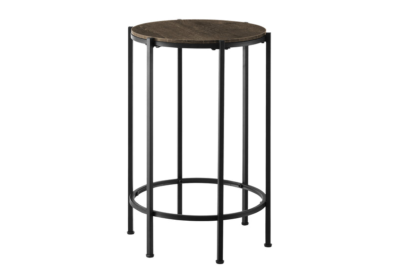 Contemporary Round Accent Table in Dark Oak Laminate with Black Metal Base