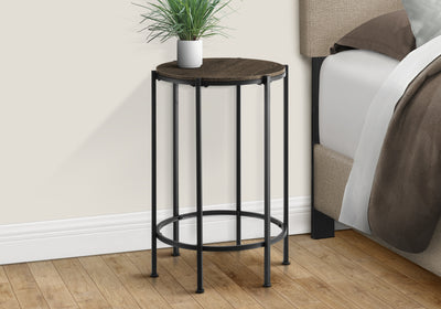 Table d'appoint ronde contemporaine en stratifié de chêne foncé avec base en métal noir