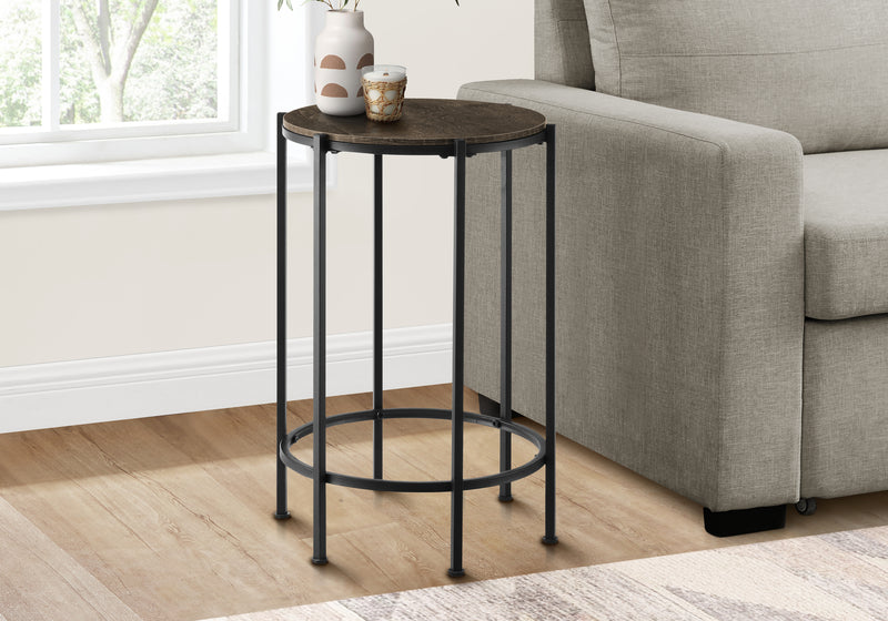 Contemporary Round Accent Table in Dark Oak Laminate with Black Metal Base