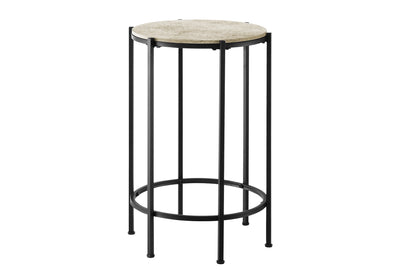 Contemporary Round Accent Table in Cream Stone Laminate with Black Metal Base