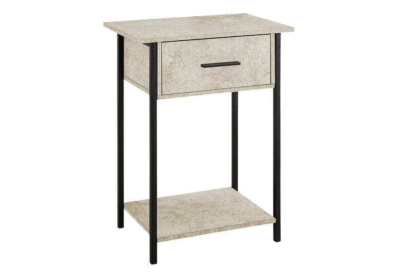 Contemporary 2 Tier Accent Table with Storage Drawer, Cream Stone Laminate & Black Metal