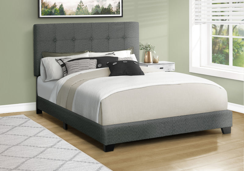 Queen Size Upholstered Bed Frame in Dark Grey Boucle for Transitional Bedroom