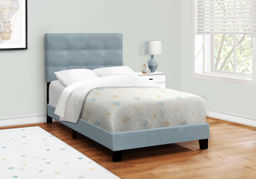 Monarch Specialties Bed Twin Size Upholstered Bedroom Teen Juvenile Light Blue Velvet