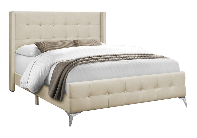 Lit, Queen Size, Chambre à coucher, Rembourré, Aspect lin beige, Pieds en métal chromé