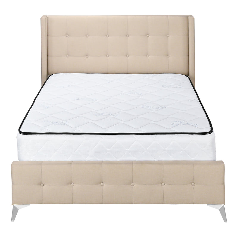 Lit, Queen Size, Chambre à coucher, Rembourré, Aspect lin beige, Pieds en métal chromé