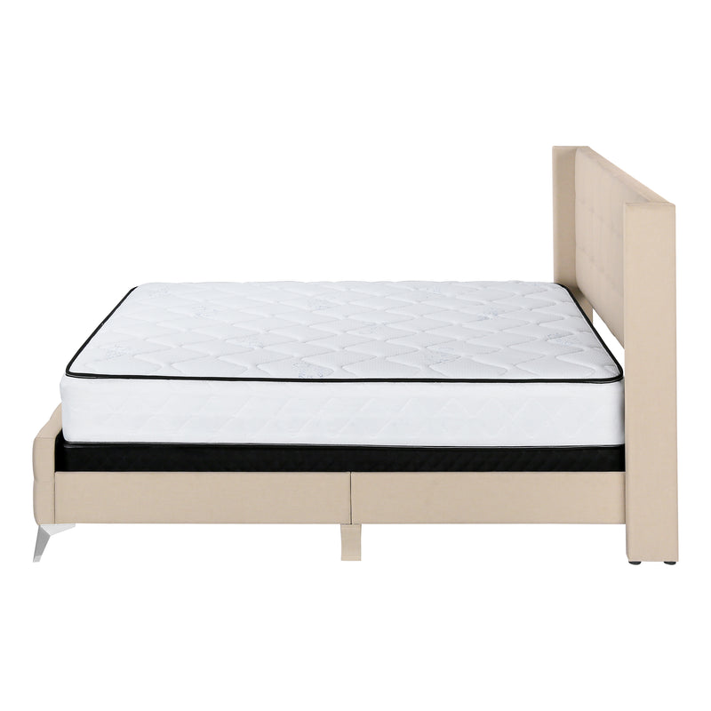 Lit, Queen Size, Chambre à coucher, Rembourré, Aspect lin beige, Pieds en métal chromé