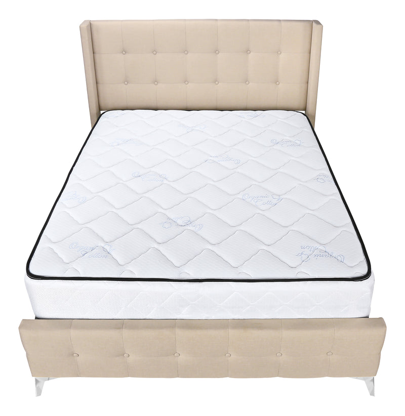 Lit, Queen Size, Chambre à coucher, Rembourré, Aspect lin beige, Pieds en métal chromé