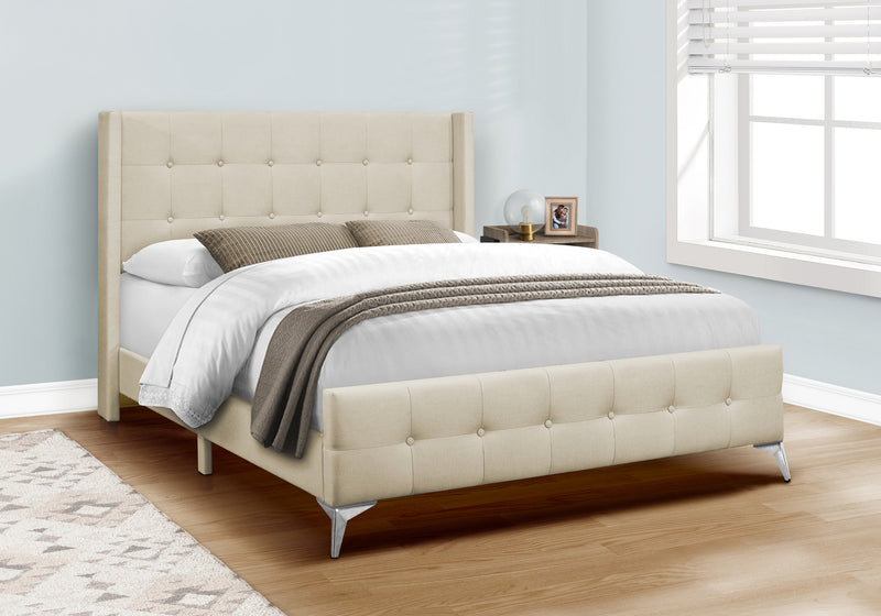 Lit, Queen Size, Chambre à coucher, Rembourré, Aspect lin beige, Pieds en métal chromé