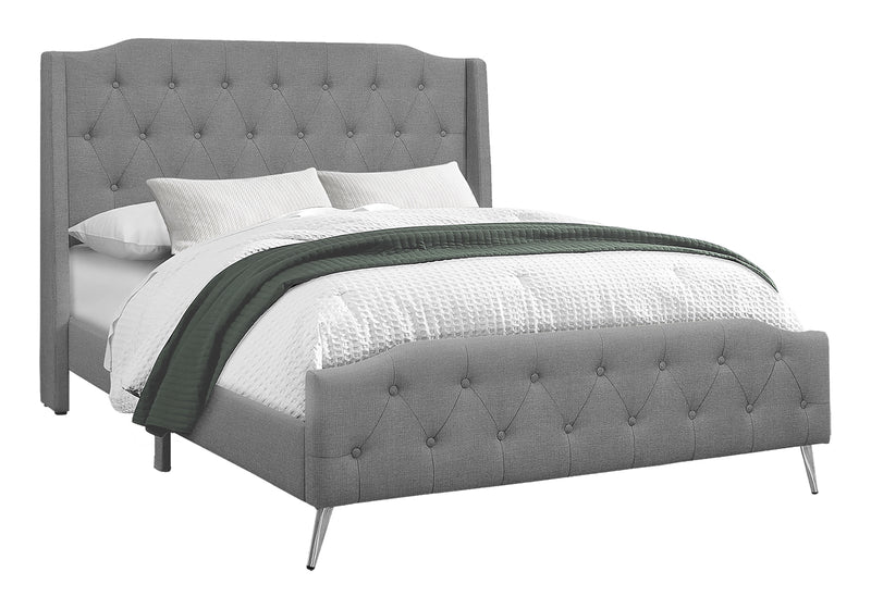 Queen Size Grey Linen Upholstered Bed with Chrome Metal Legs - Transitional Bedroom