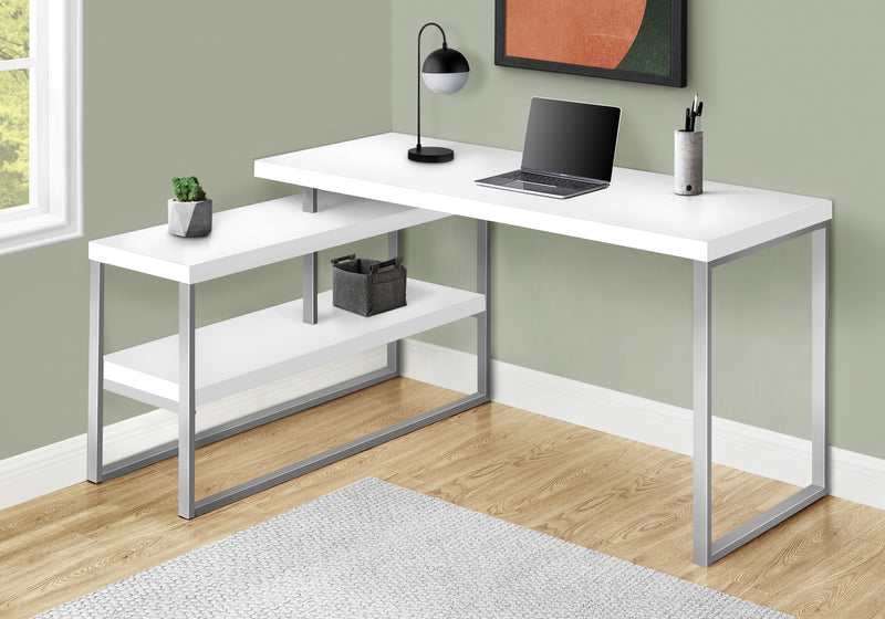 Modern White L-Shaped Computer Desk with Storage Shelves, 60"L - Home Office Corner Set-up"