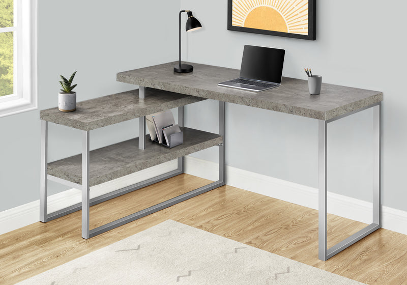 Modern Grey Concrete L-Shaped Computer Desk with Storage Shelves