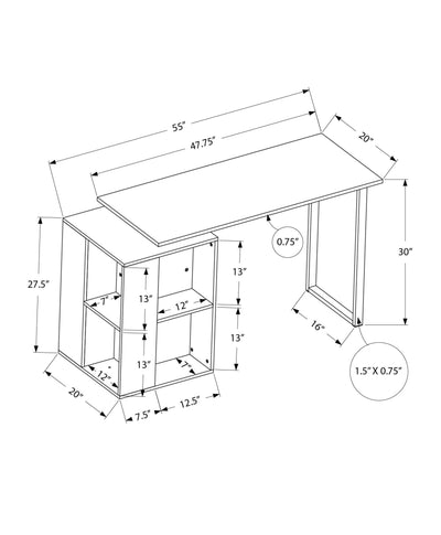 Bureau d'ordinateur, bureau à domicile, configuration gauche, droite, étagères de rangement, 55"L, travail, ordinateur portable, stratifié noir, métal noir, contemporain, moderne