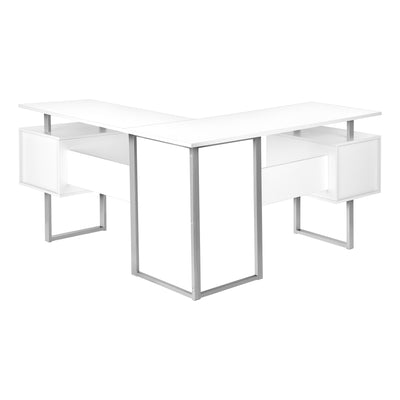 Computer Desk, Home Office, Corner, Storage, 58"L, L Shape, Work, Laptop, White Laminate, Grey Metal, Contemporary, Modern