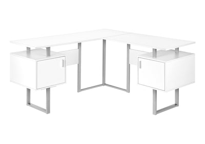 Computer Desk, Home Office, Corner, Storage, 58"L, L Shape, Work, Laptop, White Laminate, Grey Metal, Contemporary, Modern