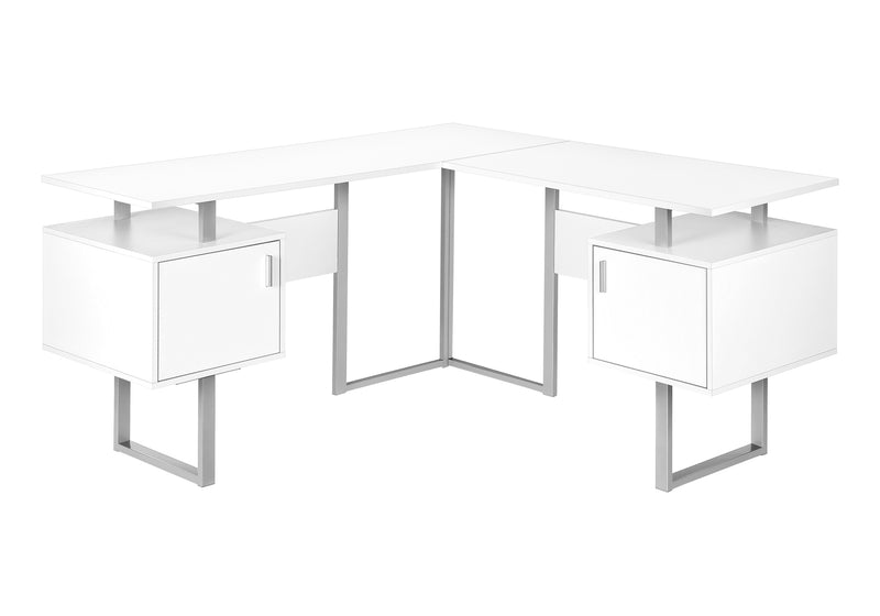 Computer Desk, Home Office, Corner, Storage, 58"L, L Shape, Work, Laptop, White Laminate, Grey Metal, Contemporary, Modern