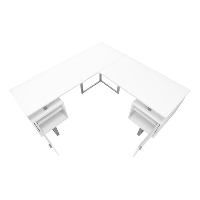 Computer Desk, Home Office, Corner, Storage, 58"L, L Shape, Work, Laptop, White Laminate, Grey Metal, Contemporary, Modern