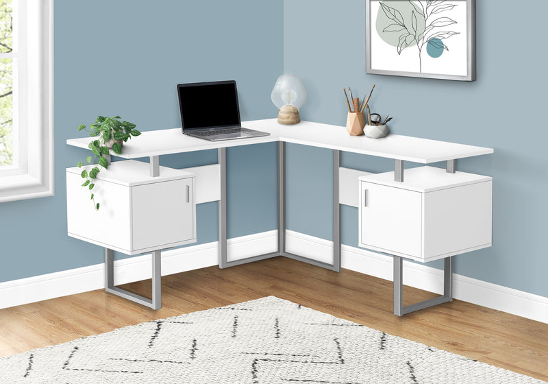 Computer Desk, Home Office, Corner, Storage, 58"L, L Shape, Work, Laptop, White Laminate, Grey Metal, Contemporary, Modern