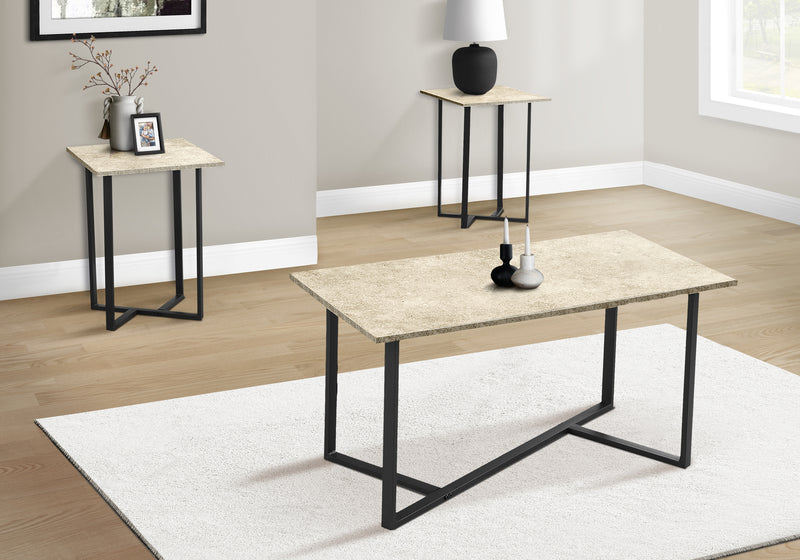 Modern 3pcs Cream Stone Laminate Coffee End Table Set - Contemporary Black Metal Living Room Furniture