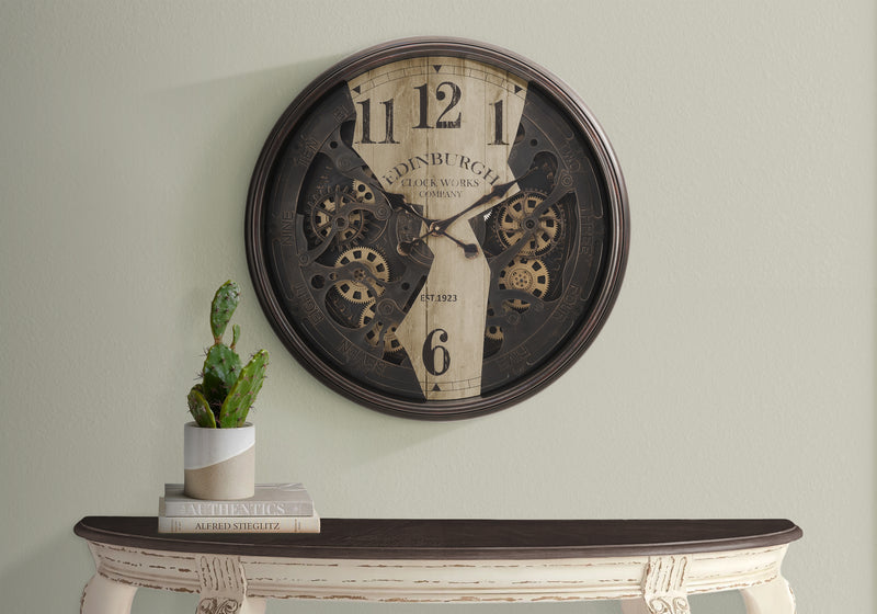 30" Round Wall Clock with Gear Mechanism in Brown - Transitional Style