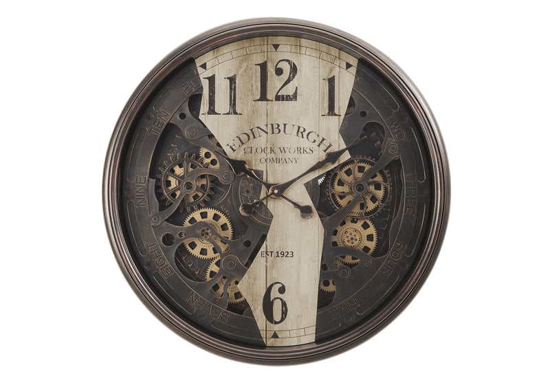 30" Round Wall Clock with Gear Mechanism in Brown - Transitional Style