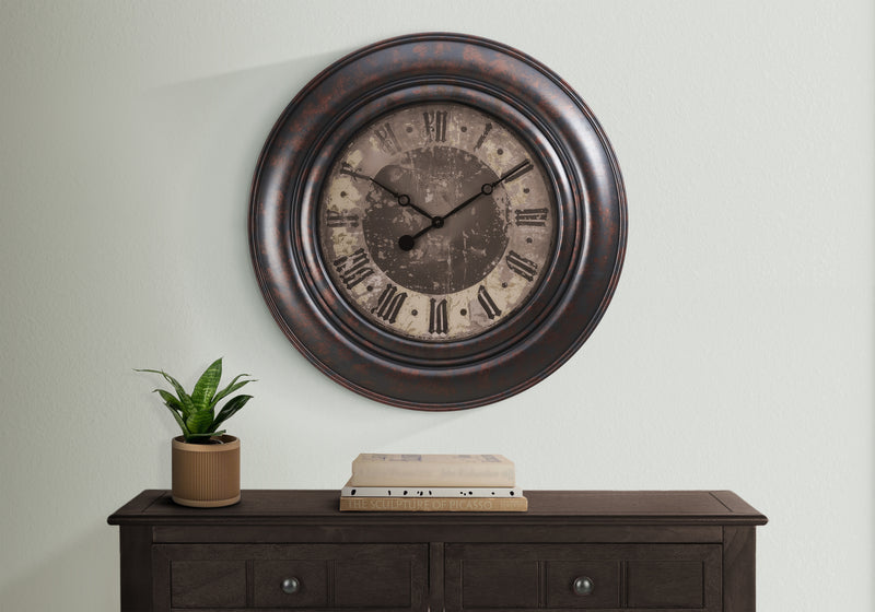 Horloges, 30" Ronde, Grande Surdimensionnée, Horloge Murale, Marron, Transitionnelle