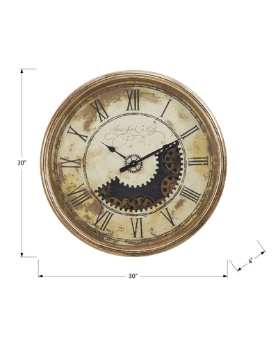 30" Round Antique Gold Wall Clock with Gear Mechanism - Large Oversized Transitional Design