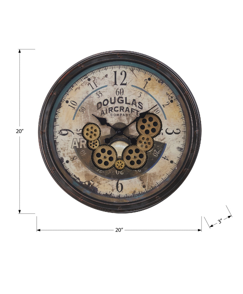 Horloges, 20" rondes, mécanisme à engrenages, horloge murale, marron, transitionnelle